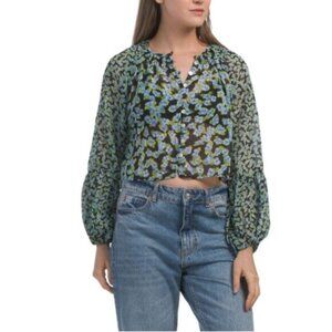 Zara Womens Floral Sheer Button-Up Blouse With Balloon Sleeves Black/Blue M